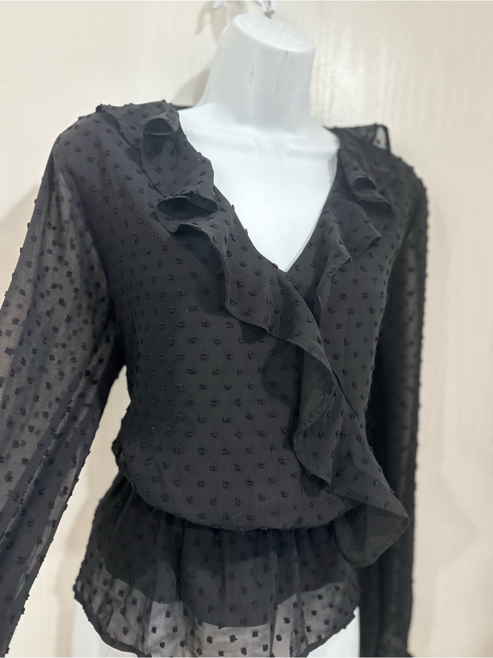 Grace Karin Black Sheer Ruffle V-Neck Blouse - Picture 3 of 5